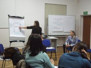 Prowadząca warsztaty mgr Agnieszka Urbaś przy talicy wskazuje na coś podczas objaśniania teorii komunikacji